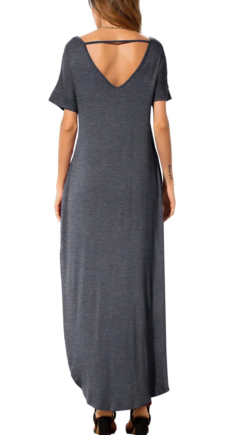 GRECERELLE Women's Maxi Dress Summer Casual Loose Side Split Short Sleeve V Neck Long Dresses with Pockets, Dark Gray, Medium - Image 2